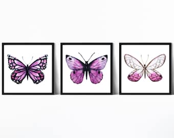 Set van 3 prints, set van 3 prints vlinder, paarse vlinder, kwekerij decor, paarse kwekerij kunst, meisjes kwekerij decor