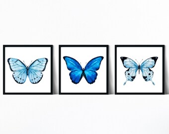 Set of 3 Prints, Set of 3 Prints Butterfly, Butterfly Wall Art, Blue Butterfly Decor, Nursery Wall Art