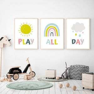 Play All Day Printable 3 Set, Play Room Wall Decor, Play All Day Sign, Play Room Decor, Play Room Sign, Play Room Prints, Rainbow Kids Art