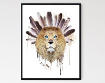 Lion Art Print, Leo Art Print, Watercolor Lion Wall Art, Watercolor Print, Tribal Art, Lion Painting