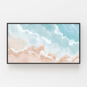 May include: Abstract watercolor painting of a beach scene with blue and white waves crashing on a sandy shore.