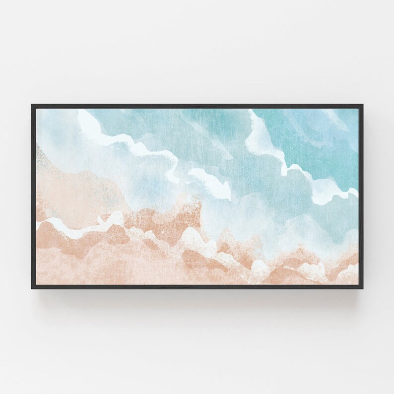 May include: Abstract watercolor painting of a beach scene with blue and white waves crashing on a sandy shore.