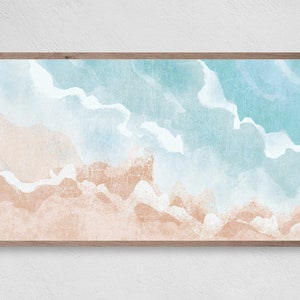 May include: Abstract watercolor painting of a beach scene with blue and beige colors. The painting depicts the ocean waves crashing on the shore.