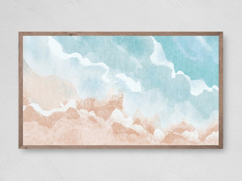 May include: Abstract watercolor painting of a beach scene with blue and beige colors. The painting depicts the ocean waves crashing on the shore.