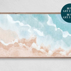 May include: Abstract watercolor painting of a beach scene with blue and white clouds over a light brown sandy beach.