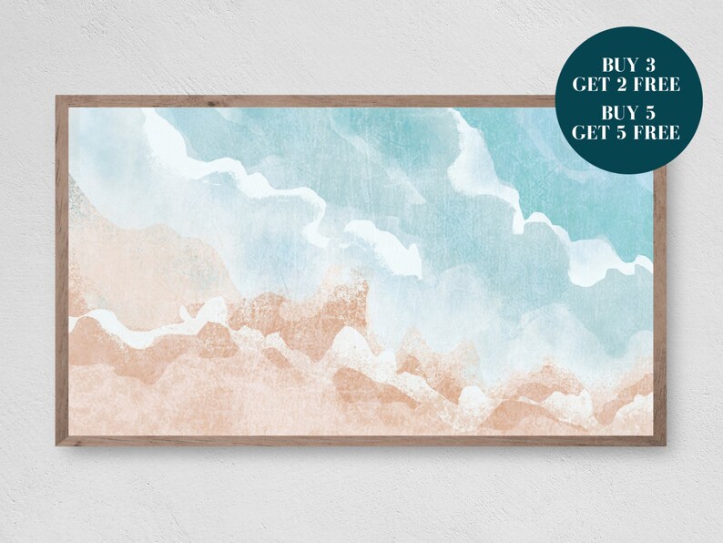 May include: Abstract watercolor painting of a beach scene with blue and white clouds over a light brown sandy beach.