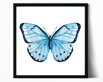May include: A framed watercolor painting of a blue butterfly with black outlines and dark blue spots on its wings.