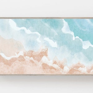 May include: Abstract watercolor painting of a beach scene with blue and beige colors. The painting depicts a stylized representation of waves crashing on the shore.
