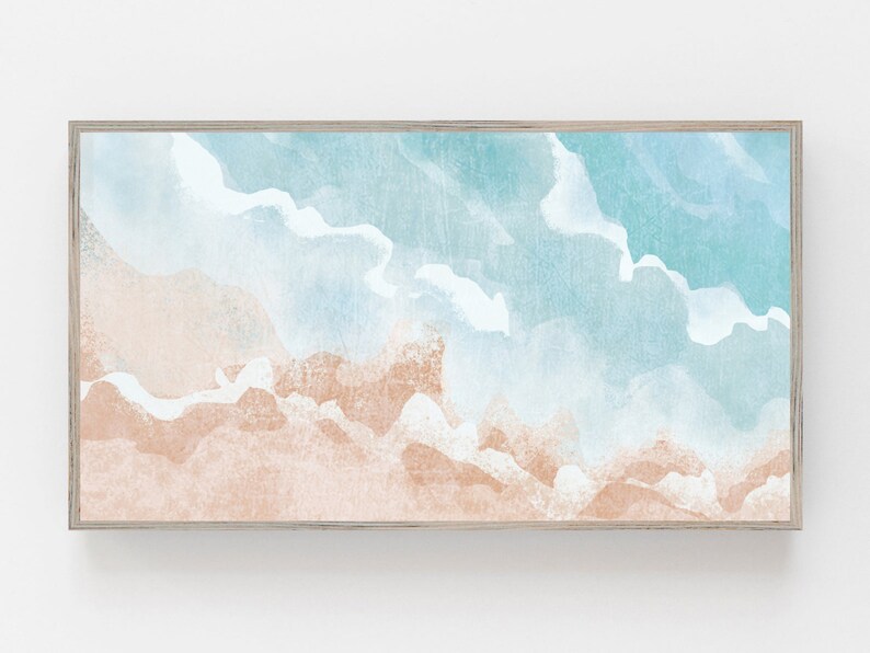 May include: Abstract watercolor painting of a beach scene with blue and beige colors. The painting depicts a stylized representation of waves crashing on the shore.