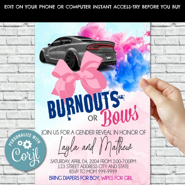 Burnouts or Bows Invitation, Burnouts or Bows Baby Shower, Burnouts or Bows Gender Reveal, Gender Reveal Invitation, Burnouts, Bows, Corjl