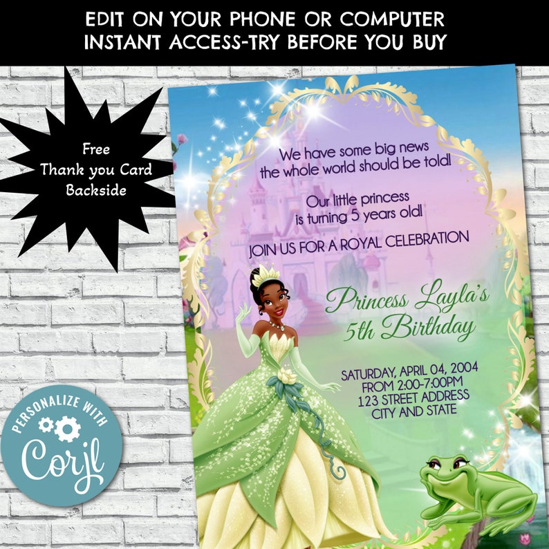 Tiana Birthday Invitation Tiana Invite Tiana Birthday Party Invites Princess Tiana Princess and the Frog Princess Tiana