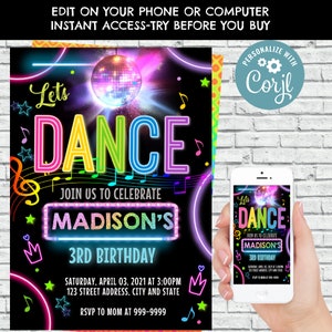 EDITABLE Dance Birthday Invitation Music Birthday Party Invite Dance Birthday Party Dancing lets dance CORJL