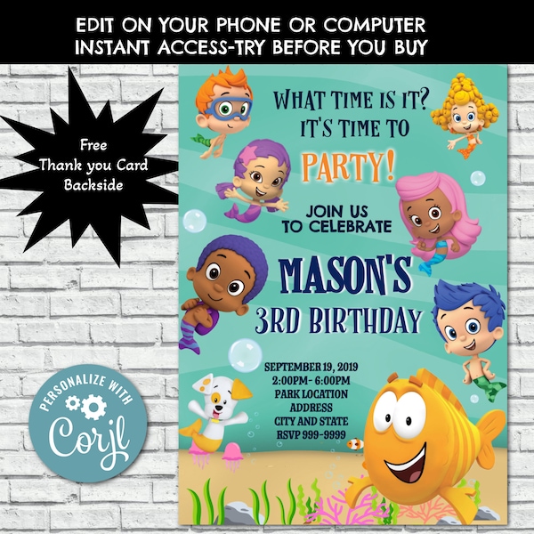 Bubble Guppies Birthday Invitation, Bubble Guppies Invitation, Bubble Guppies Invite, Guppies, Guppy, Instant Download Digital Corjl