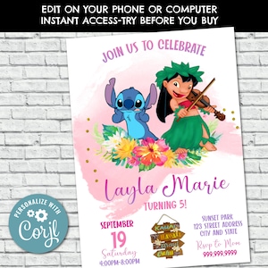 Convite de aniversário havaiano menina Aloha convite de aniversário Lilo e Stitch modelo de festa para impressão download instantâneo digital corjl