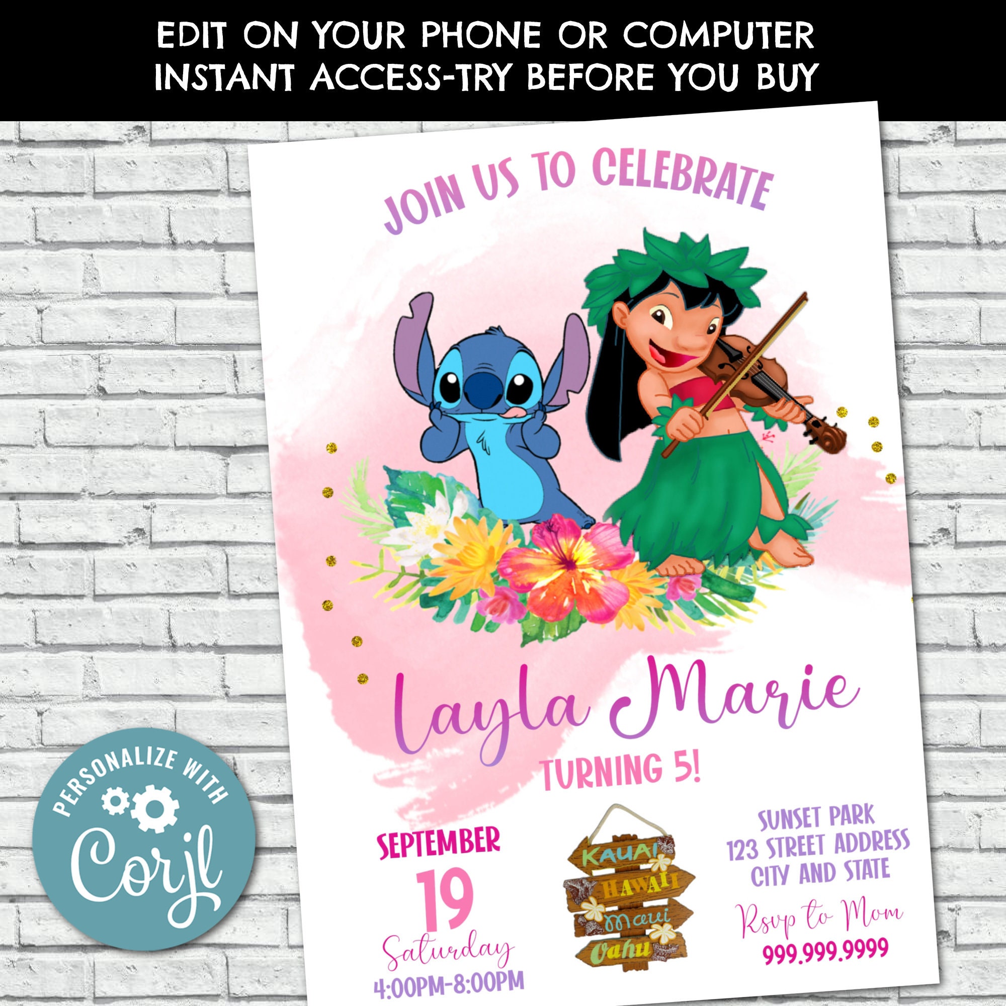 Hawaiian Birthday Invitation Girl Aloha Birthday Invitation Lilo and Stitch Party Template Printable Instant Download Digital