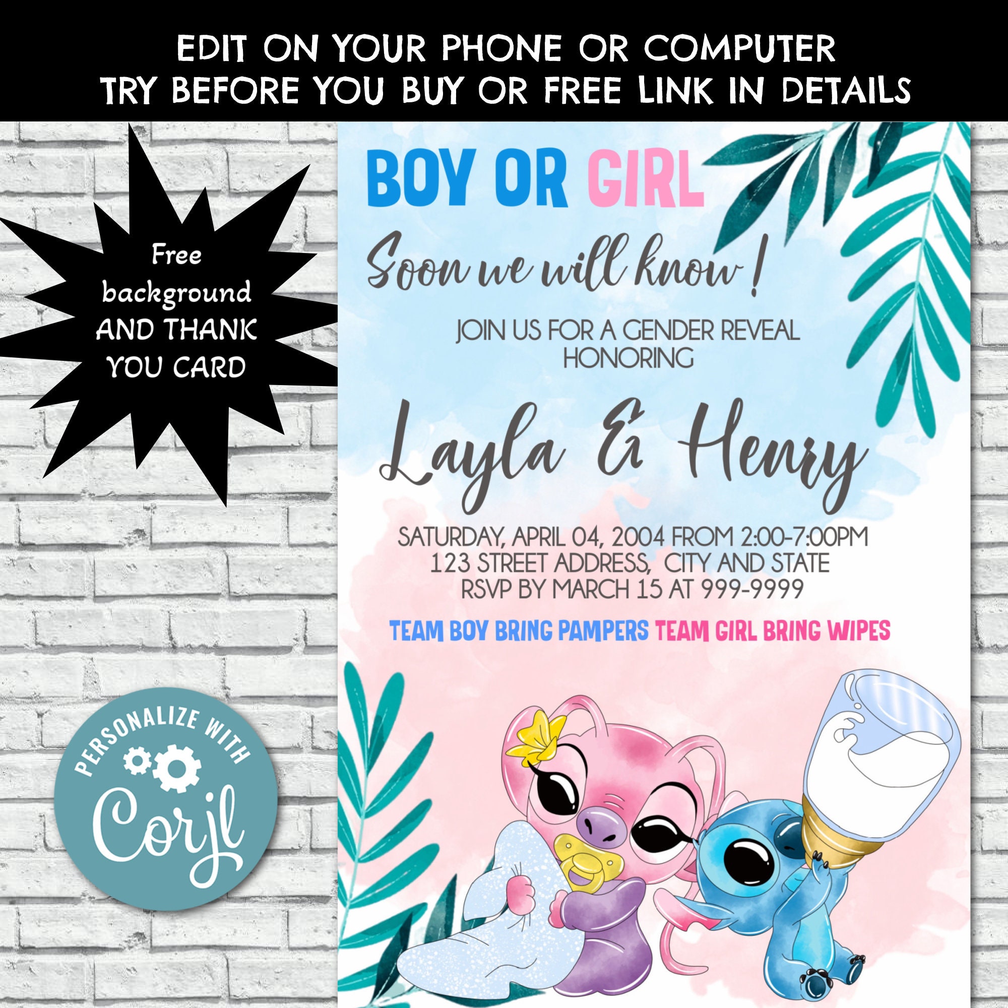 Boy or Girl You Are Loved,baby Gender Reveal, Stitch or Angel