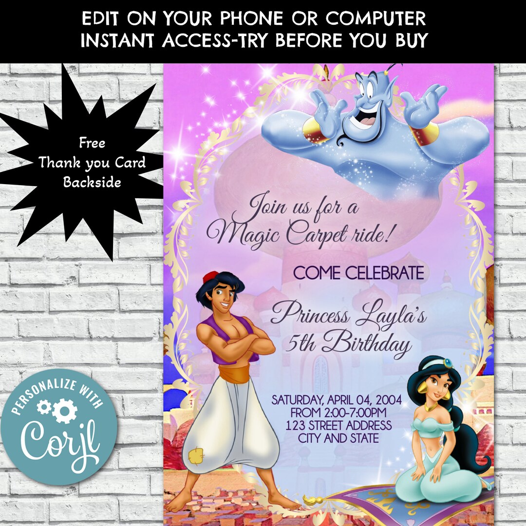 Princess Jasmine Birthday Invitation, Princess Jasmine Invitation