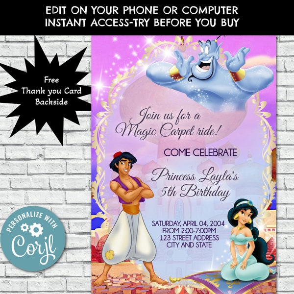 Princess Jasmine Birthday Invitation, Princess Jasmine Invitation, Aladdin Birthday Party, Aladdin, Jasmine, Instant Download, Corjl