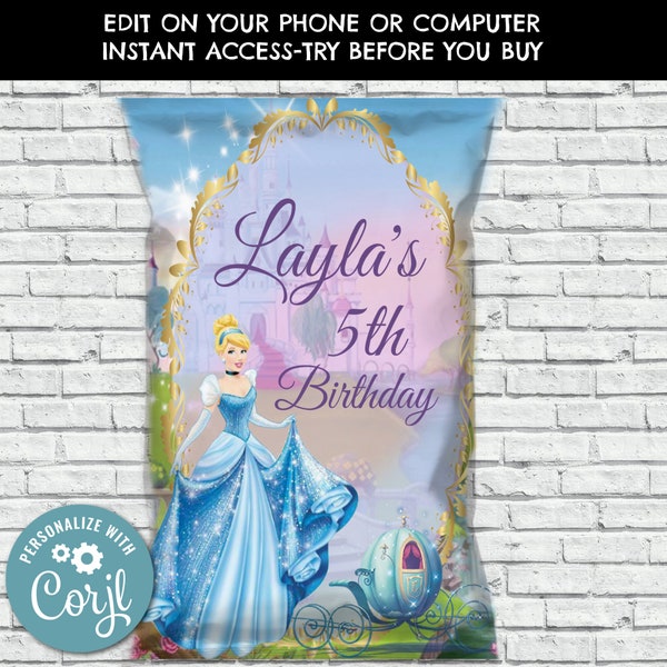 Cinderella Chip Bag, Cinderella Party Favor, Cinderella Birthday Treat, Cinderella Bag, Disney Princess, Cinderella, Corjl