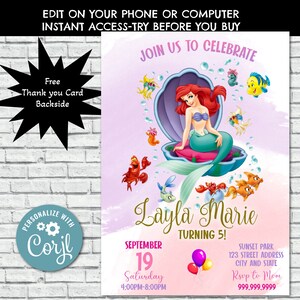 Mermaid Birthday Invitation, Mermaid Invite, Princess Birthday Party Invites, Little Mermaid, Evite, Mobile Phone Editable Digital, Corjl
