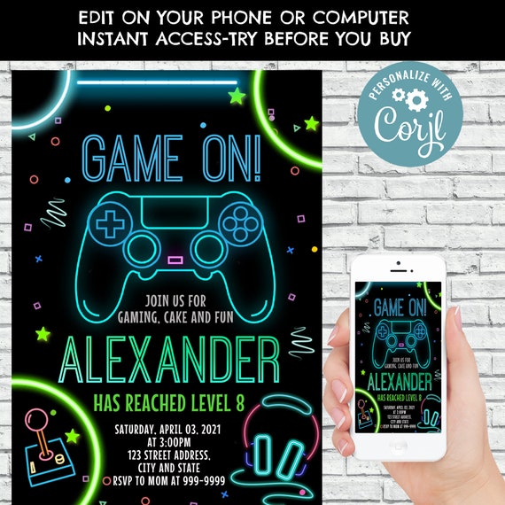 Video Game Invitation Editable Gamer Birthday Invite Video 