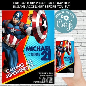 Captain America invitation, Captain America birthday invitation, Captain America invite, Birthday Invitation, Corjl, Captain America