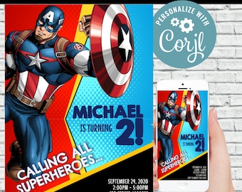 Captain America invitation, Captain America birthday invitation, Captain America invite, Birthday Invitation, Corjl, Captain America