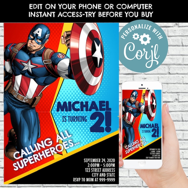 Captain America invitation, Captain America birthday invitation, Captain America invite, Birthday Invitation, Corjl, Captain America