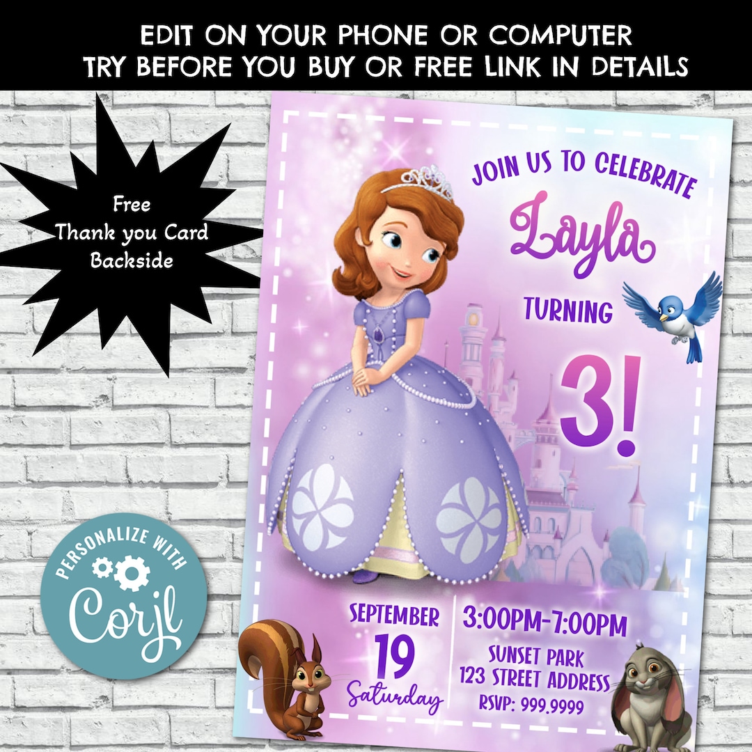 Sofia the First Birthday Invitation, Sofia the First Invite, Sofia the