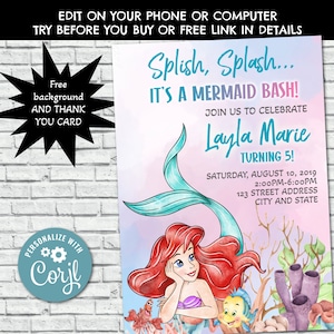 Mermaid Birthday Invitation, Mermaid Invite, Princess Birthday Party Invites, Little Mermaid, Evite, Mobile Phone Editable Digital, Corjl