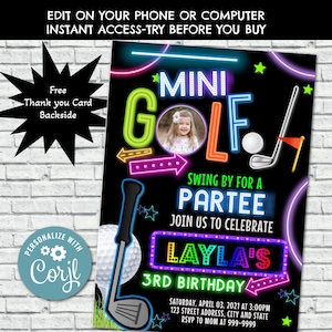 Invitación editable para fiesta de cumpleaños de minigolf, plantilla para minigolf con brillo neón, láser, para juegos arcade y deportes de minigolf, CORJL