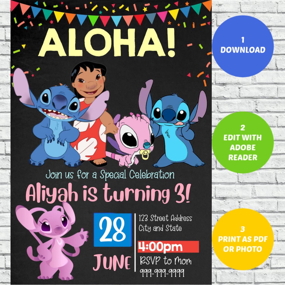Lilo and Stitch 5x7 in. Birthday Invitation - Instant Download and Edit  with Adobe Reader
