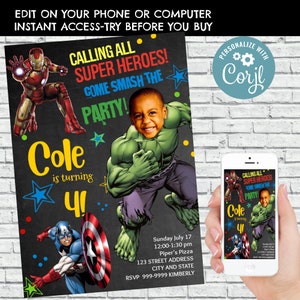 Personalized Superheroes Birthday Invitation, Hulk Birthday Invitation, Avengers Birthday Invitation, Captain America, Thors, hero