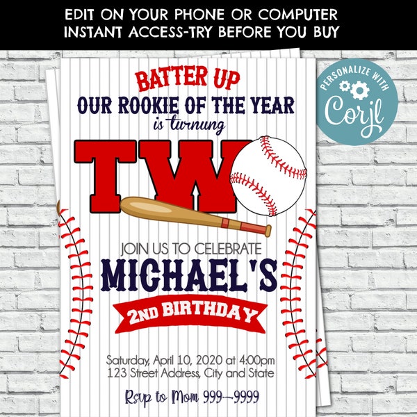 Baseball Invitation, Baseball Birthday Invitation, Baseball 2nd Birthday, Baseball Birthday, Baseball, 2nd Birthday, Corjl