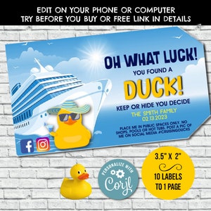 Bewerkbare Cruise Ship Duck Tags, Afdrukbare Tags voor Cruising Ducks, Rubber Duck Card Template om te verbergen, Family Cruise Game Digital, Corjl
