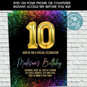 EDITABLE  10th Birthday invite, 10th Birthday Invitation, Rainbow invitation, ten birthday, 10th, 10 invite CORJL
