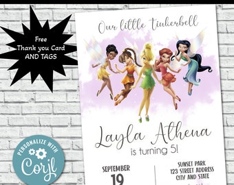 Tinkerbell Birthday Invitation, Tinkerbell Invite, Tinkerbell Birthday Party Invites, Princess, Tinkerbell, Fairy, Corjl