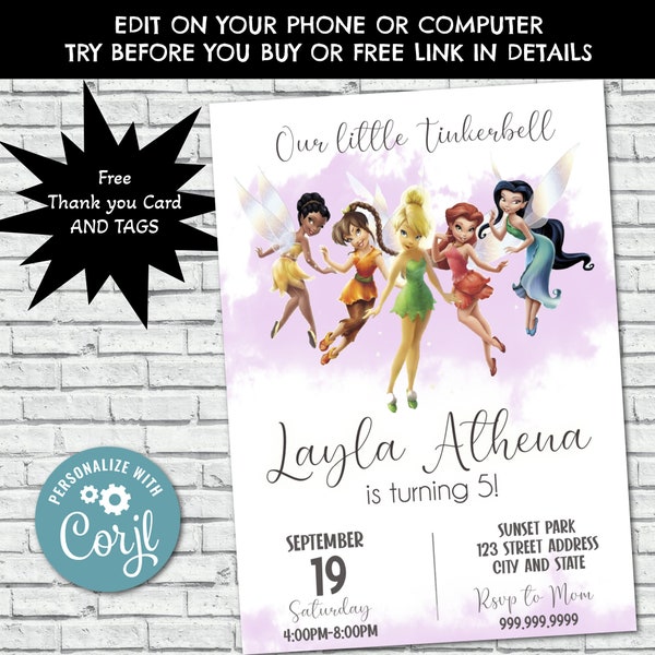 Tinkerbell Birthday Invitation, Tinkerbell Invite, Tinkerbell Birthday Party Invites, Princess, Tinkerbell, Fairy, Corjl