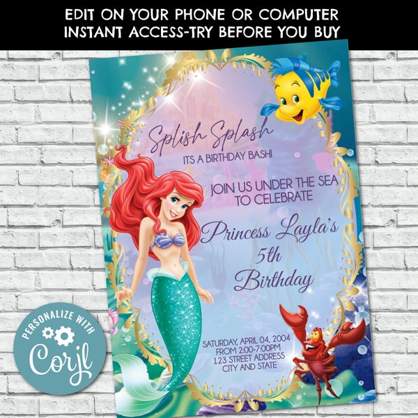 Mermaid Birthday Invitation, Mermaid Invite, Princess Birthday Party Invites, Little Mermaid, Evite, Mobile Phone Editable Digital, Corjl