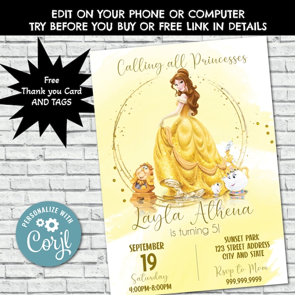 Belle Birthday Invitation, Belle Invite, Belle Birthday Party Invites, Princess, Belle, Beauty and the Beast, Princess, Instant Download