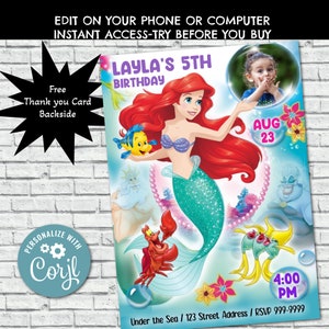 Mermaid Birthday Invitation, Mermaid Invite, Princess Birthday Party Invites, Little Mermaid, Evite, Mobile Phone Editable Digital, Corjl
