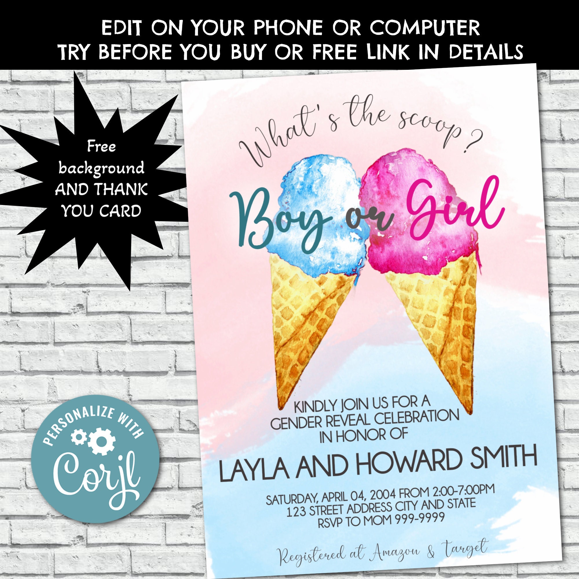 Whats The Scoop Gender Reveal Invitation Editable Printable Boy or Girl Ice Cream Summer Ice Cream Party Invite Corjl Instant