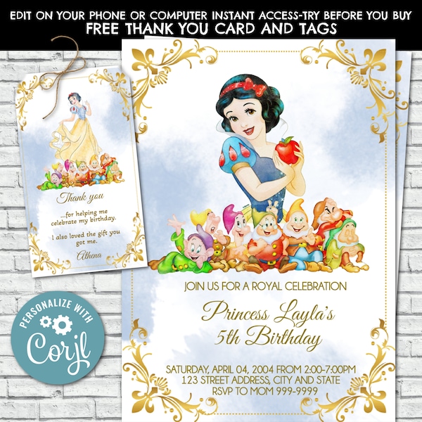 Snow White Birthday Invitation, Snow White Invite, Princess Birthday Party Invites, Snow White, SnowWhite, Watercolor, Corjl