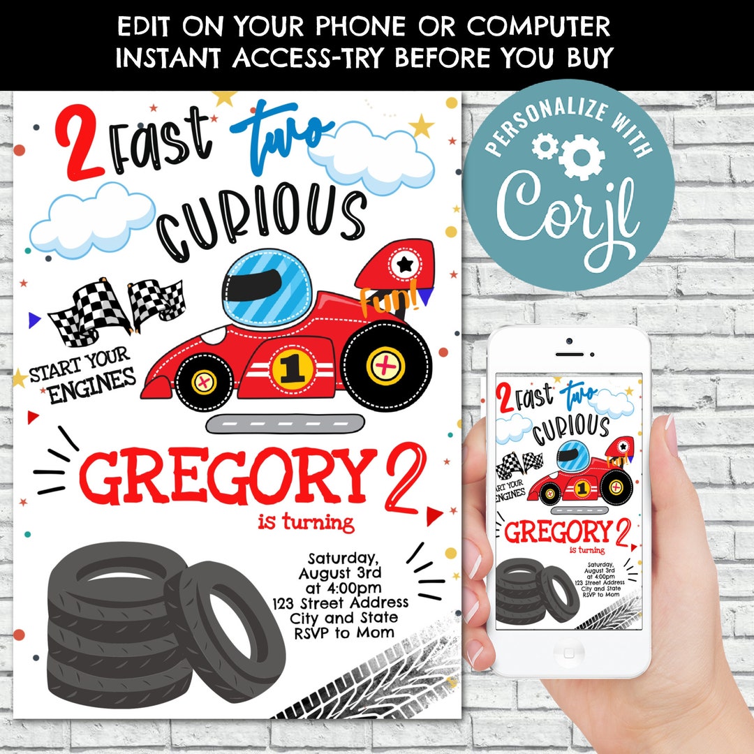 Instant Download Two Fast Birthday Invitation Two Fast Boy Race Car 2nd ...