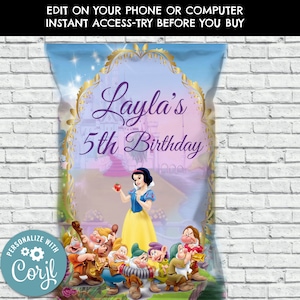 Bolsa de papas fritas blancanieves, Favor de fiesta blancanieves, Regalo de cumpleaños blancanieves, Bolsa blancanieves, Princesa Disney, Blancanieves durmiente, Corjl