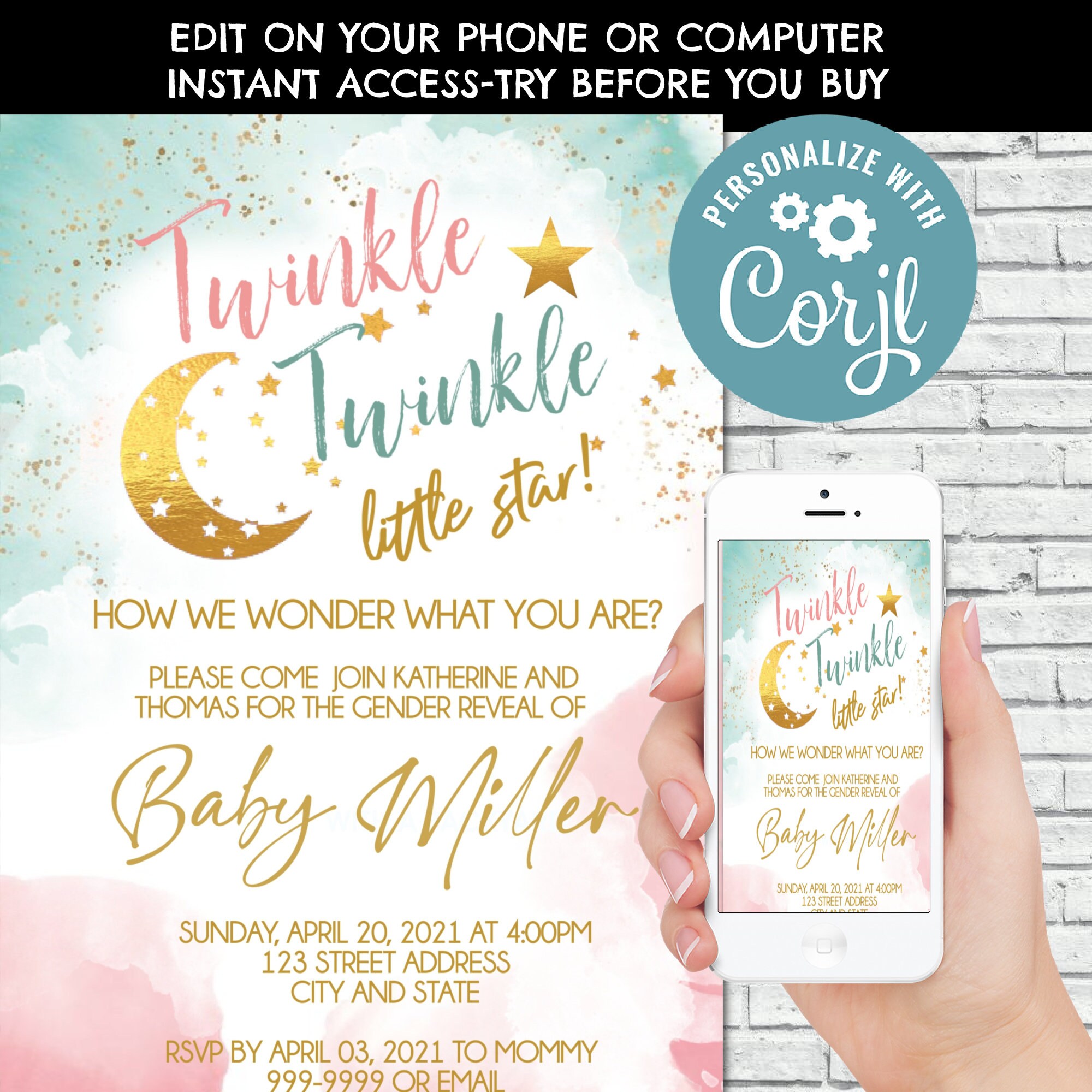 Twinkle Twinkle Little Star Gender Reveal Invitation Twinkle Twinkle Little Star Baby Shower Invitation Boy Girl Shower Blue