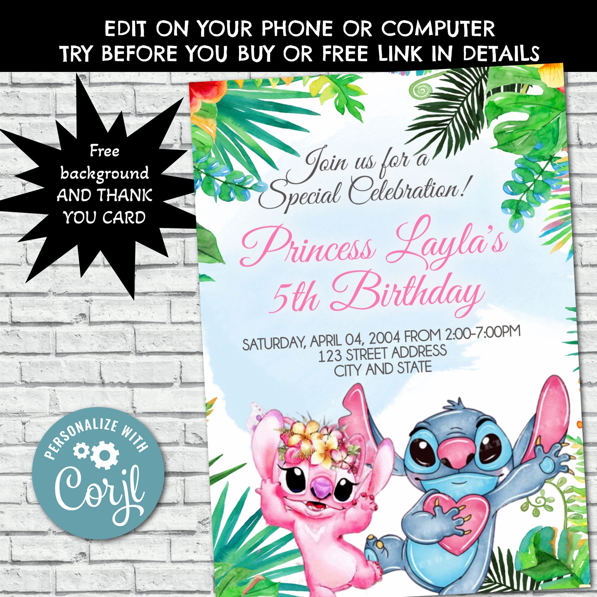 Hawaiian Birthday Invitation Girl Aloha Birthday Invitation Angel and Stitch Party Template Printable Instant Download