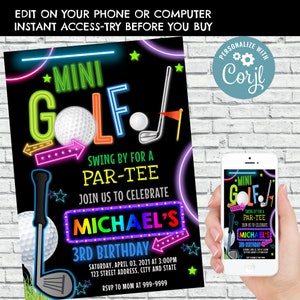 EDITABLE Mini Golf Invitation Birthday Party Invites Boy Girl Mini Golf Neon Glow Gloss Arcade Laser Sport Mini Golf Template CORJL