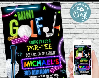 EDITIERBARE Mini Golf Einladung GeburtstagSparty Einladung Junge Mädchen Mini Golf Neon Glanz Arcade Laser Sport Mini Golf Schablone CORJL