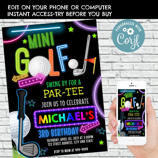 EDITABLE Mini Golf Invitation Birthday Party Invites Boy Girl Mini Golf Neon Glow Gloss Arcade Laser Sport Mini Golf Template CORJL